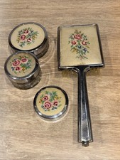 Vintage Filigree Gilt Petit Point Embroidered Vanity Dressing Table Set