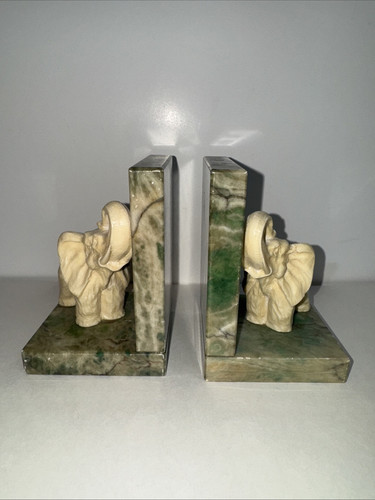 Vintage Genuine Alabaster Elephant Bookends Hand Carved Italy Trunks Up - Picture 2 of 13