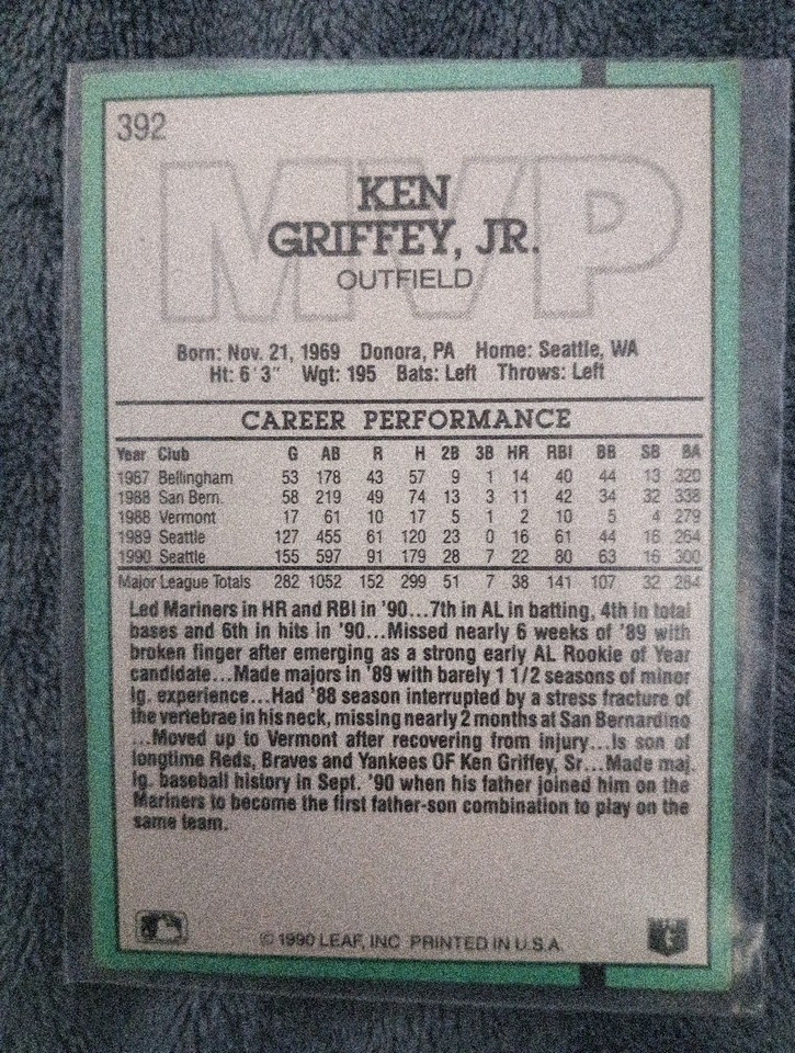 1991 Donruss - Ken Griffey Jr #392 Yellow Stripes on Right Border | eBay