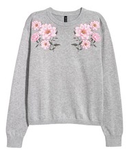 H M Fine Knit Light Gray Flowers Sweater Size Medium