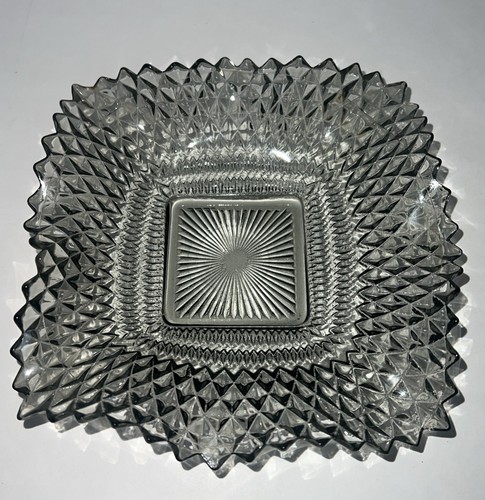 VTG Indiana Glass Dark Gray Clear Square Ruffled Diamond Sawtooth Dish/Ashtray - Picture 1 of 6
