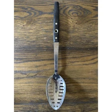 Vintage Flint Stainless Steel Slotted Spoon Utensil Black Handle USA