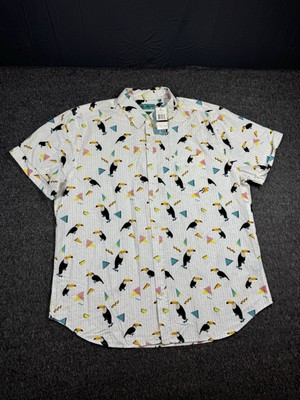 Joe Marlin Mens Hawaiian Shirt XL White Tucan Tropical Button Up Collared
