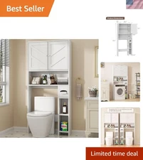 Over Toilet Storage Cabinet White Bathroom Organizer with Barn Doors Shelves
