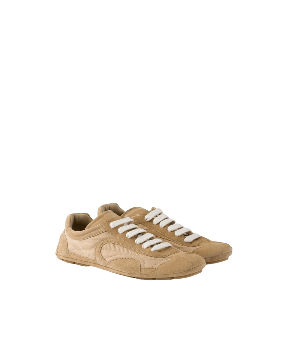PRADA Montecarlo $1120 Camel Brown Suede/Re-Nylon Sneakers New