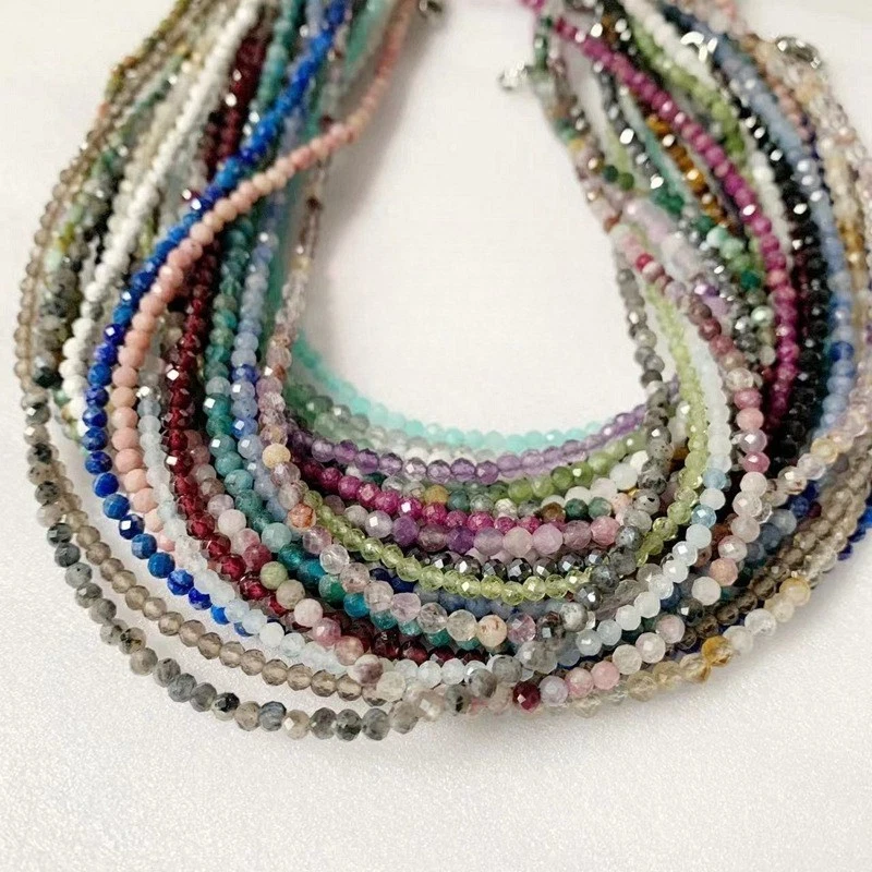 Dainty 3mm Natural Gemstone Faceted Bead Choker Aquamarine Crystal Ruby Necklace - Image 2 of 4