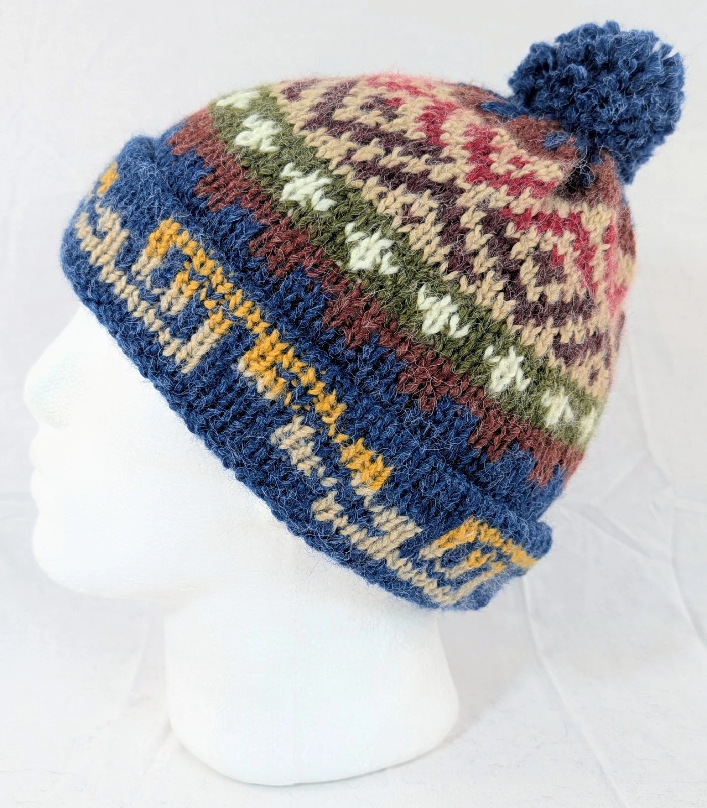 Colorful Soft Alpaca Blue Beanie Pom Pom Handmade Unisex Boho Peru