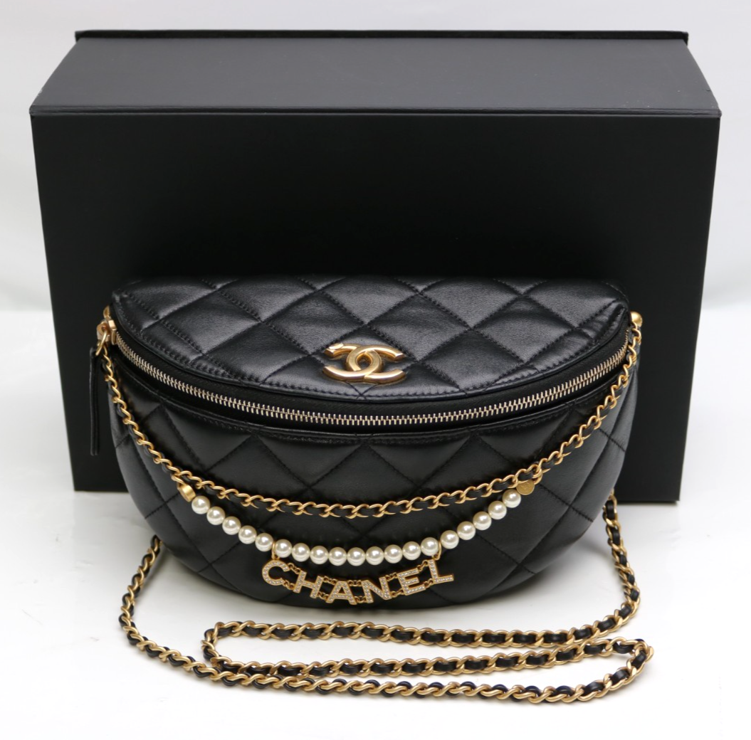 Chanel Black Quilted Lambskin Pearl Chain Crossbody Waist Bag w