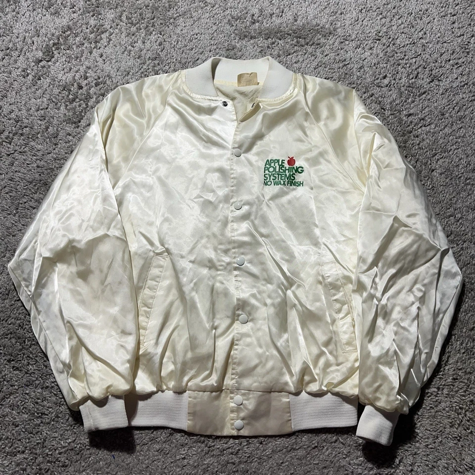 Vintage 1980s White Satin Snap Jacket Apple Polishing Retro Large Made USA - Image 3 of 4
