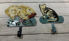 VTG India Hand Painted Folk Art Bunny Rabbit Cat Metal Wall Hooks Primitive GTbI