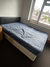 Double Upholstered Wood Bed Frame Divan Base Black Headboard Blue Mattress