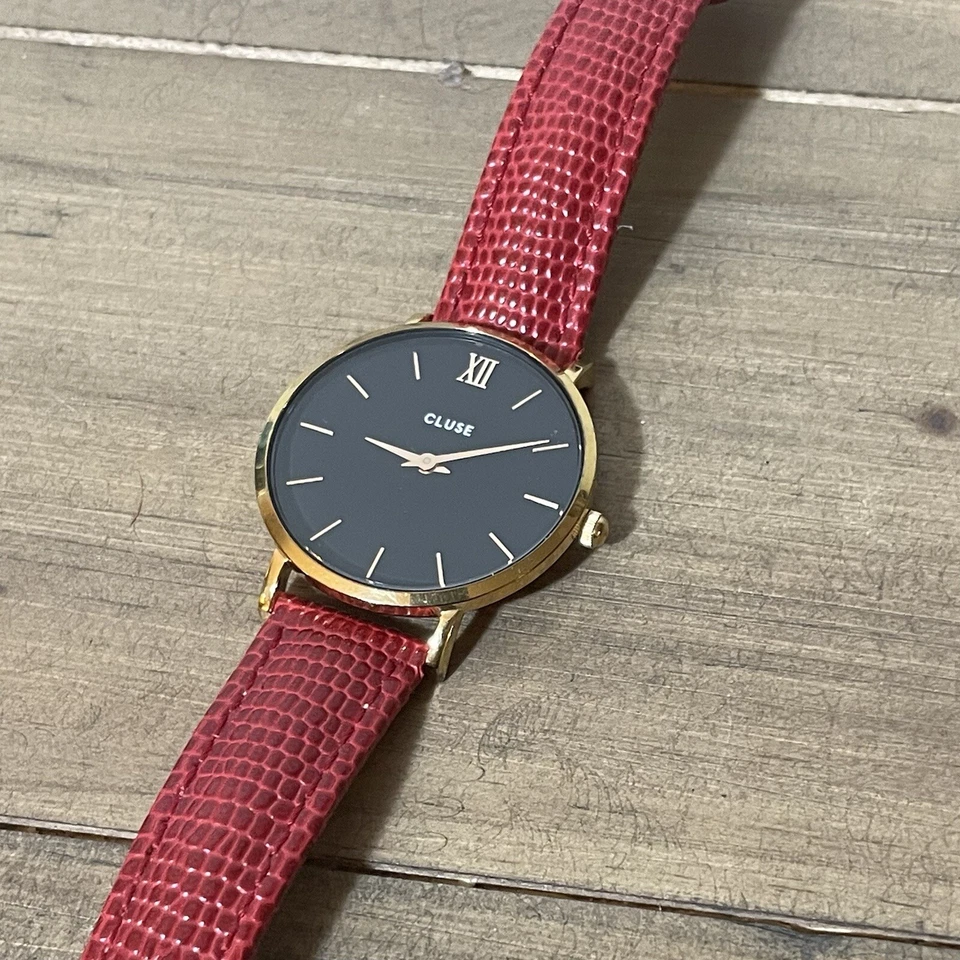Часы наручные Cluse Boho Chic черные с розовым золотом и красным кожаным ремешком - Изображение 4 из 4