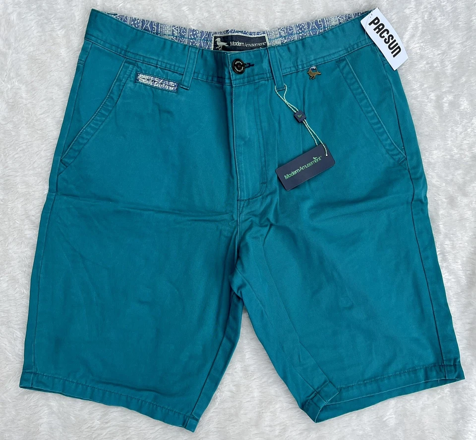 Nuevo PACSUN MODERN AMUSEMENT Azul Verde Algodón VANS Pájaro Logo Plano Hombres Pantalones Cortos 32 Foto 2 de 4