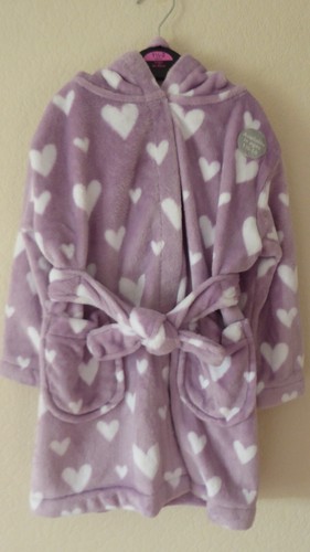 Dressing Gown Girls Hooded Robe Heart Print Pockets Purple Pink Tie Front Snug - Picture 21 of 21