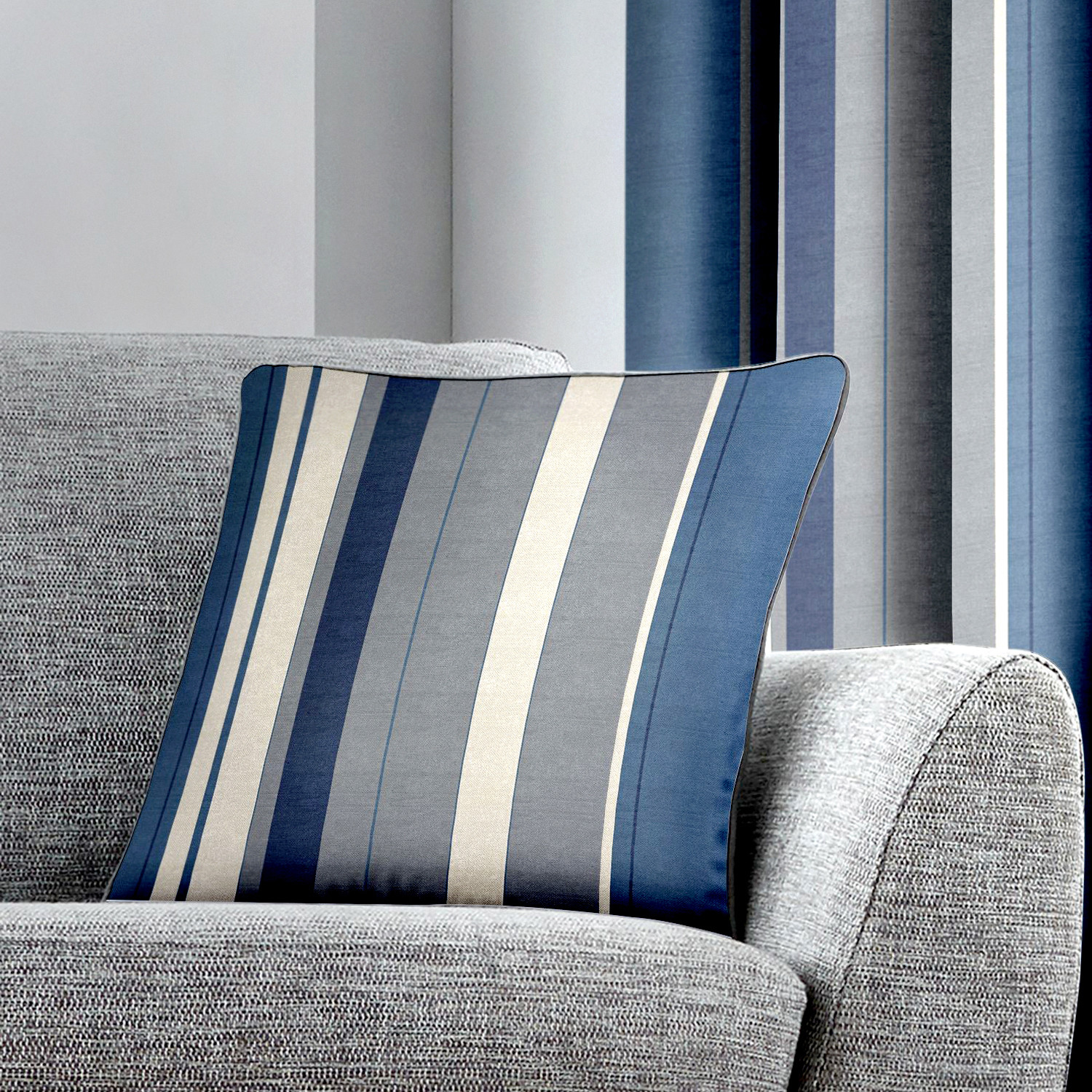Fusion WHITWORTH STRIPE Blue 100% Cotton Ready Made Eyelet Curtains & Cushions - Picture 3 of 24
