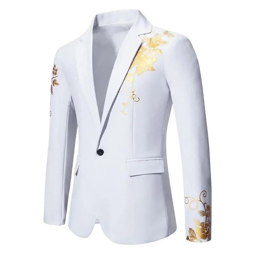 Men Paisley Floral Gold Bronzing Blazer Business Wedding Slim Formal Suit Jacket - Picture 9 of 17