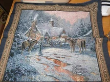TWO Thomas Kinkade Tapestry Fabric Panel Christmas Welcome Winter House Horses