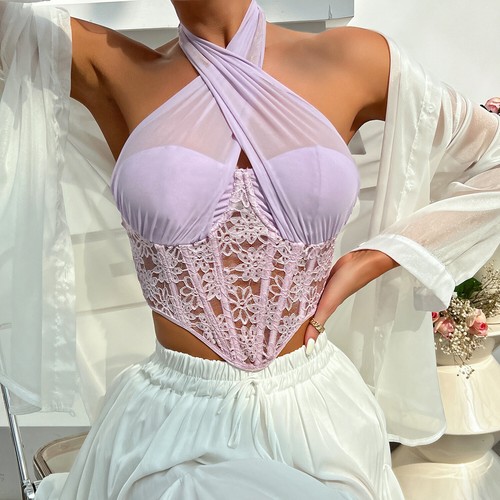 Women Criss Cross Wrap Tie Knot Crop Halter Top Lace Bustier Corsert Camisole - Picture 20 of 26