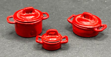 3PC Dollhouse Kitchen Set Cookware Red Metal Pot Miniature Enamelware