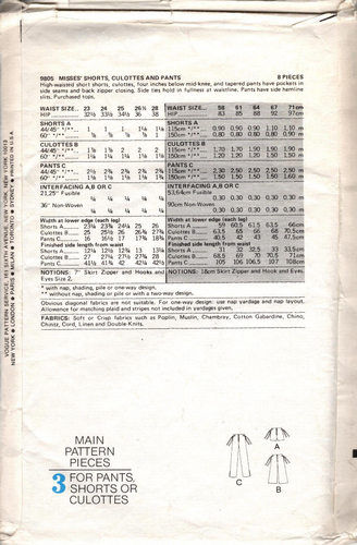 Very Easy VOGUE Pattern 9805 Misses' SHORTS CULOTTES & PANTS 25" Waist Uncut - Picture 2 of 2