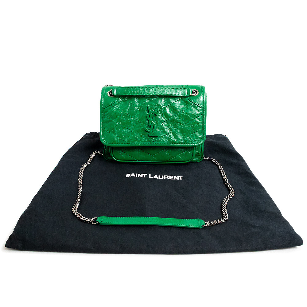 SAINT LAURENT Niki Borsa a tracolla con catena per bambini pelle di vitello vintage verde 633160