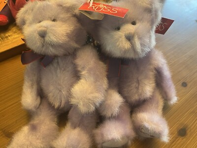 2 VTG Russ Berrie Aphrodite Teddy Bear Plush Lavender love paw Purple Rain Bow￼