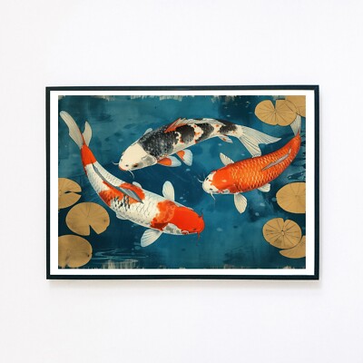 Koi Karpfen Fisch Japanischer Teich Retro Illustration 7x5 Vintage Wanddeko Kunstdruck 