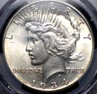 1934 PEACE DOLLAR PCGS MS 62 GLOWING WHITE SATIN, FULLY STRUCK, AND QUITE CLEAN