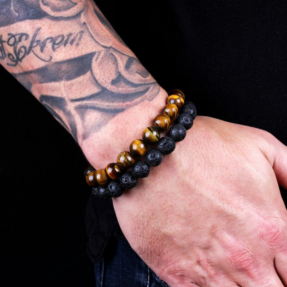 Pulsera de hombre clásica roca de lava ojo de tigre gema piedra con cuentas curación novio-2 piezas Foto 4 de 4