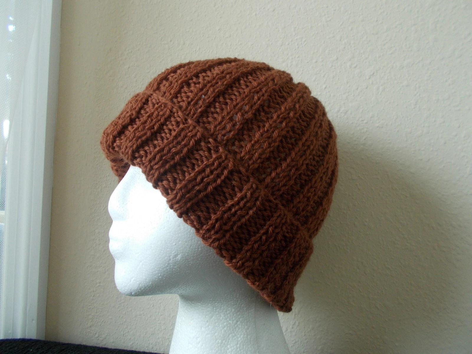 Hand knitted 100% wool beanie/hat, medium brown (small)
