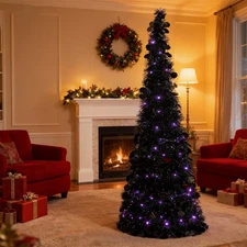 5FT Pop Up Christmas Tinsel Tree Artificial Xmas Pencil Trees 100 Lights Decor