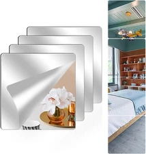 4 Pack Wall Mirror Full Length, 10 x 10 Inch Unbreakable Acrylic Mirror Tiles, S