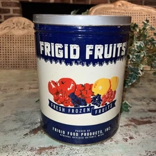 Vintage Frigid Fruits Large Tin w/Lid  9" Tall