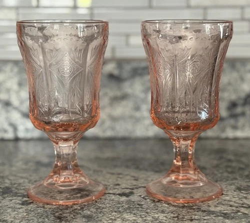 2 Vintage Indiana Glass Pink Madrid Federal Depression Water Goblets Footed Stem