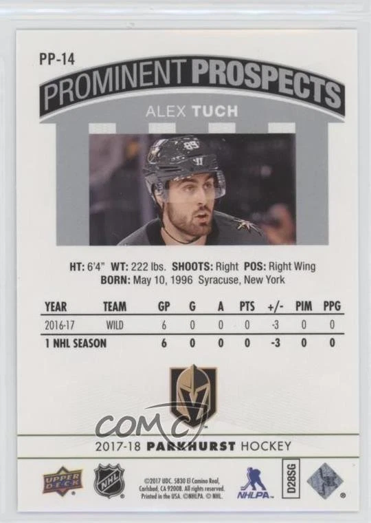 2017-18 Upper Deck Parkhurst Prominent Prospects Alex Tuch #PP-14 Rookie RC - Image 2 of 2