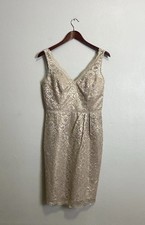 David's Bridal Short Tank Lace Dress Sz 8 Gold Cream V-Neckline Pleated Waist