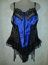 Vintage 80s Electric Blue Satin Ruffled Black Lace Teddy Garters Lingerie 2XL