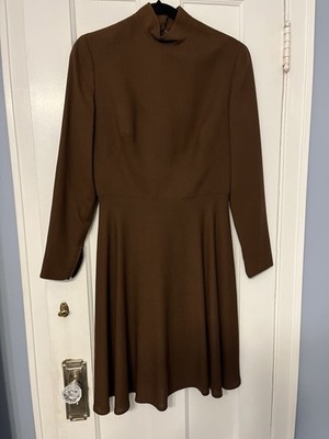 VTG  Bergdorf Goodman Eva chun Wool Silk Lined Brown Long Sleeve Dress Office