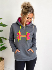 Under Armour UA Storm Women's Pullover Hoodie XS Gray Pink Yellow Logo Pockets