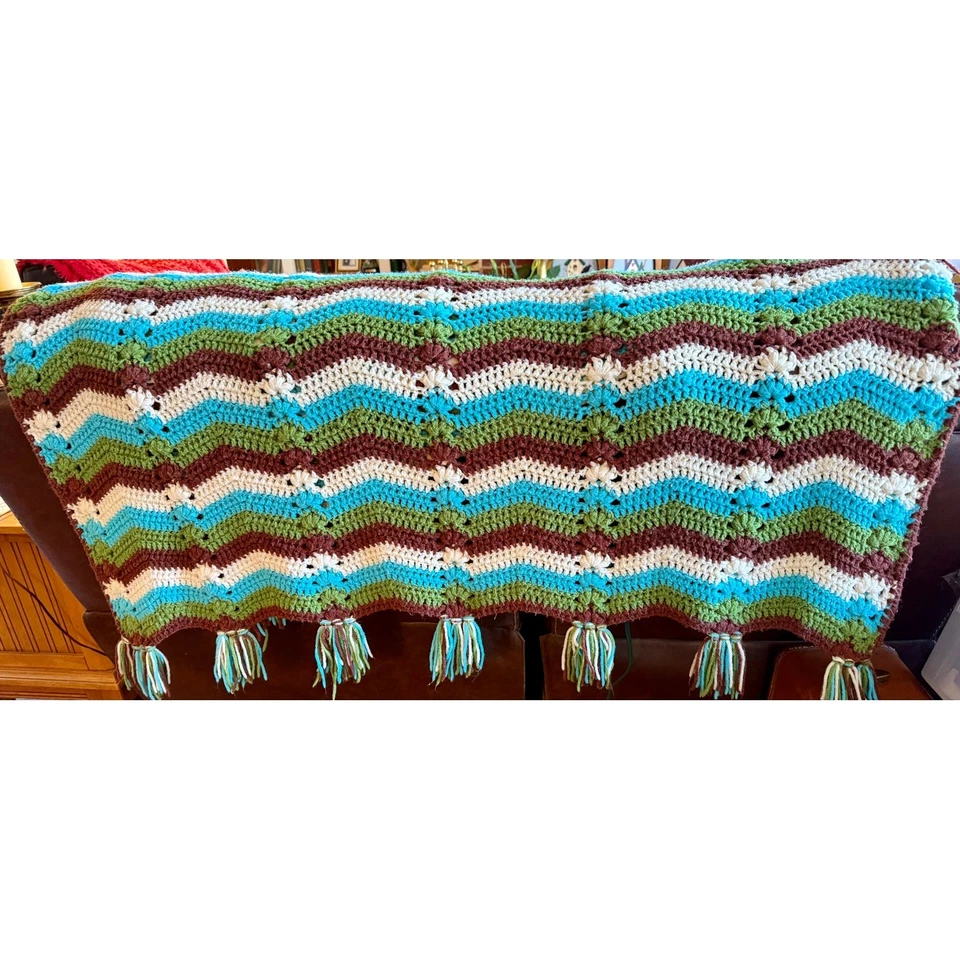 复古手工奶奶方形扔阿富汗五颜六色的雪佛龙流苏 — 第 4/4 张图片