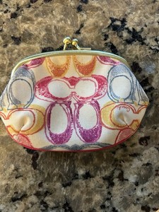 Vtg COACH Y2K Kisslock Coin Pouch Multicolored Scribble Print Gold Accents