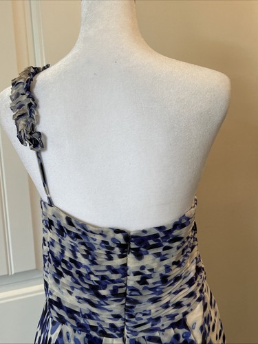 NWT BCBG MAXAZRIA SILK CHIFFON ONE-SHOULDER Blue & White Pleated DRESS C SZ 12 - Picture 7 of 11