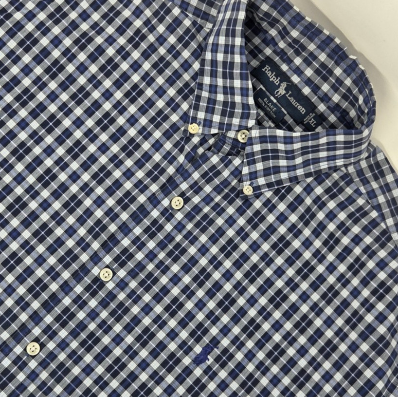 VINTAGE Polo Ralph Lauren Blake Button Down Blue Plaid Shirt Short Sleeve Men XL