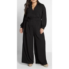 ModCloth Black Button Front Wide Leg Jumpsuit Belted Long Sleeve Women's Small