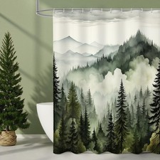 Dark Green Misty Pine Forest Shower Curtain Mountain Foggy Woodland 72x72 In