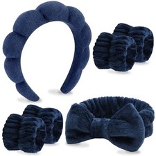 Spa Headband, Makeup Face Wash Skincare Headbands, 6 Pcs Sponge Bow Dark Blue