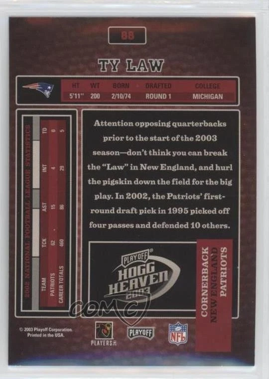 2003 Playoff Hogg Heaven Ty Law #88 - Image 2 of 2