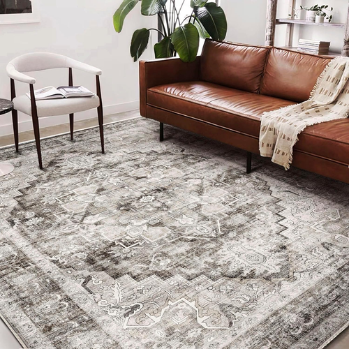 Washable Area Rug 8'X10' Deep Khaki Retro Boho Design Non-Shedding Non-Slip Easy