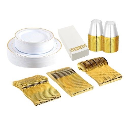 Disposable Plastic Plates Heavy Duty Dinnerware Sets Guest Party Wedding Events - Picture 13 of 15