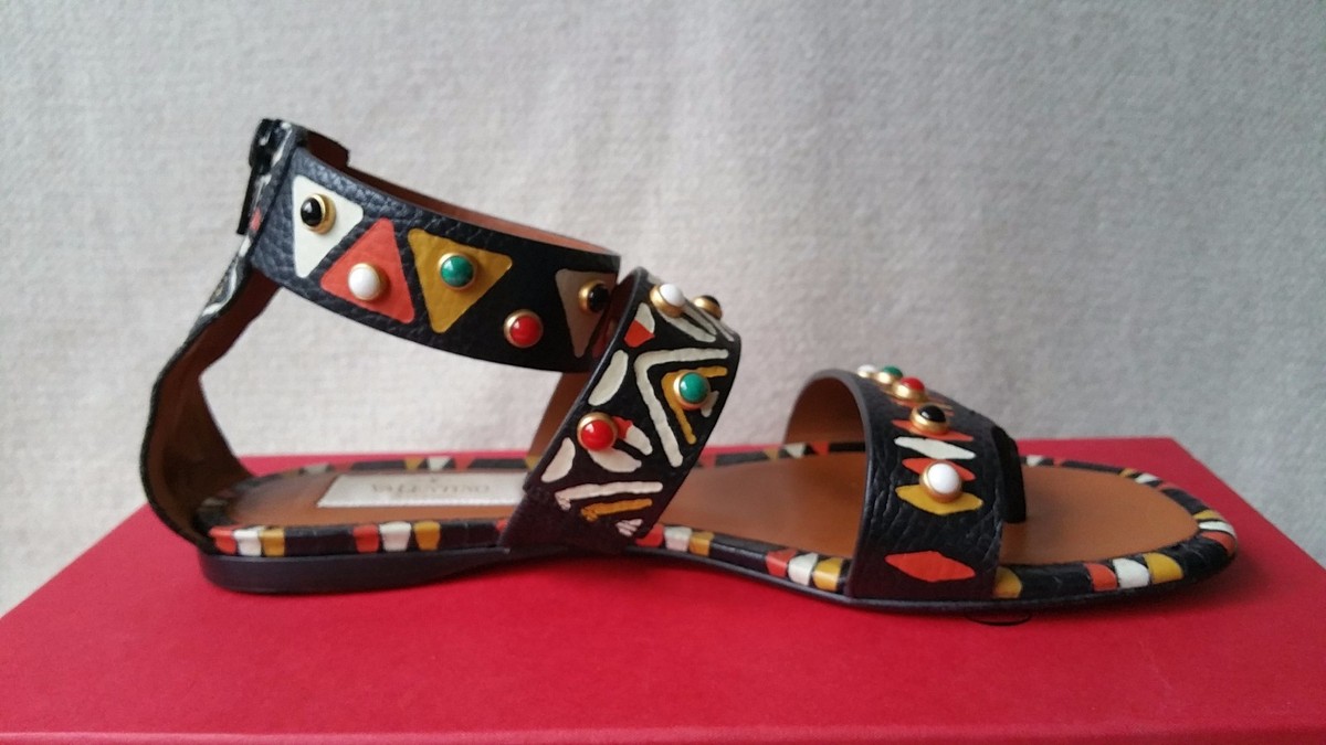 NIB 36.5 6.5 Valentino Studded Hand Painted Strappy Thong Sandals